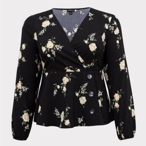 Torrid Black Floral Crepe Surplice Midi Peplum Top‎ Long Sleeve, size 4 (4X) EUC